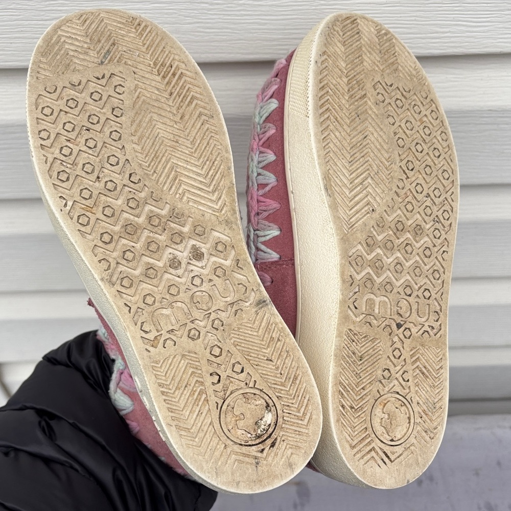 MOU Ladies Pink Suede Slip-On Moccasin Sneakers with Multicolor Crochet Trim-7 - Picture 9 of 10